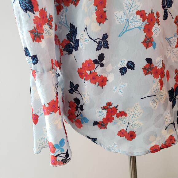 Zara Keyhole Neck Ruffle Trim Blouse Blue Floral Long Sleeve XS - Picture 6 of 10
